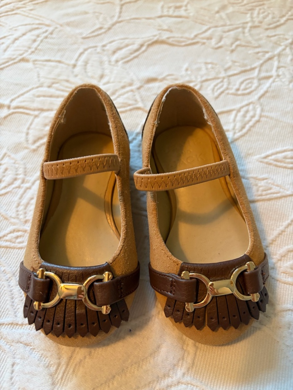 Janie and Jack 5 Girls Tan Mary Jane Fringe Flats with Brown Accent